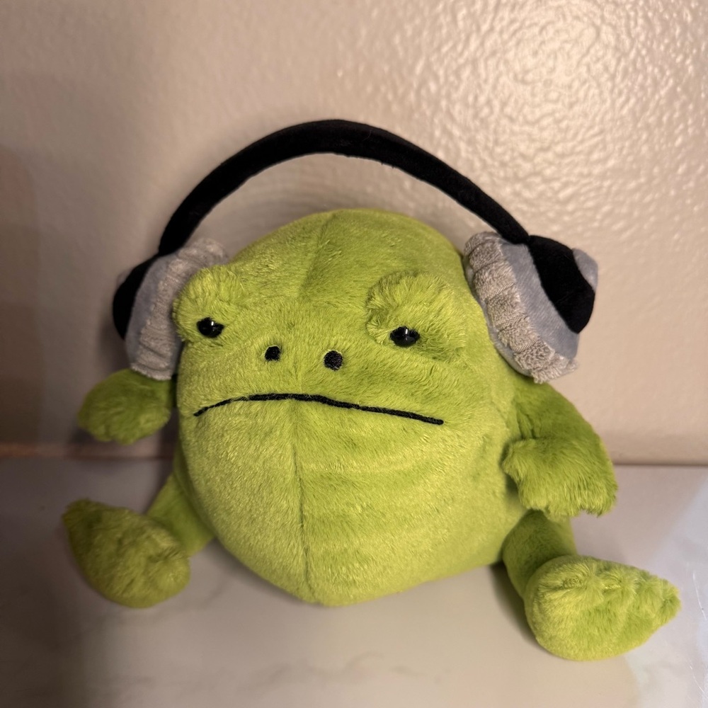 Jellycat Green Frog with Black and Gray Headphones